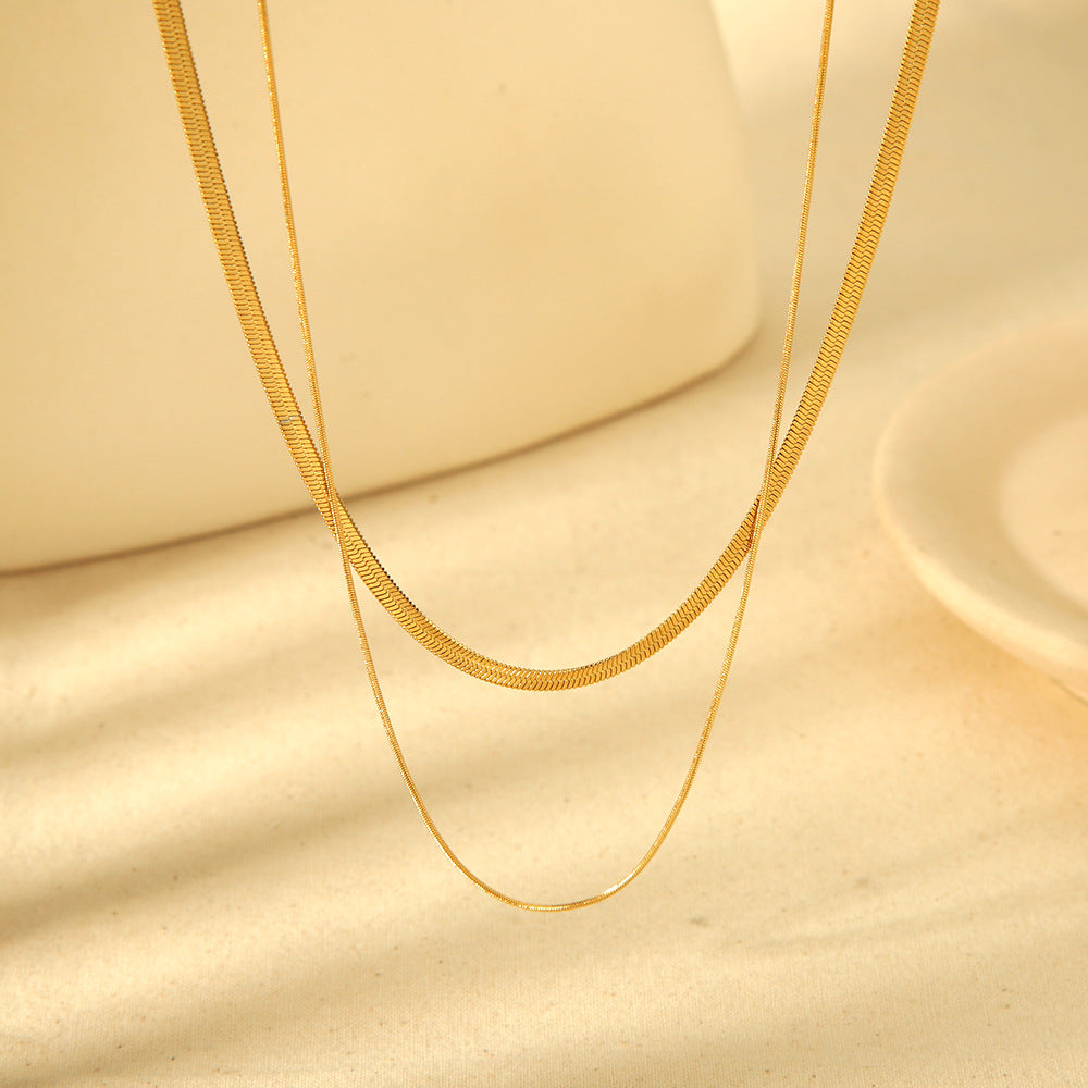 Double Chains 3mm Flat Snake Chains+1mm Round Snake Chain Necklace