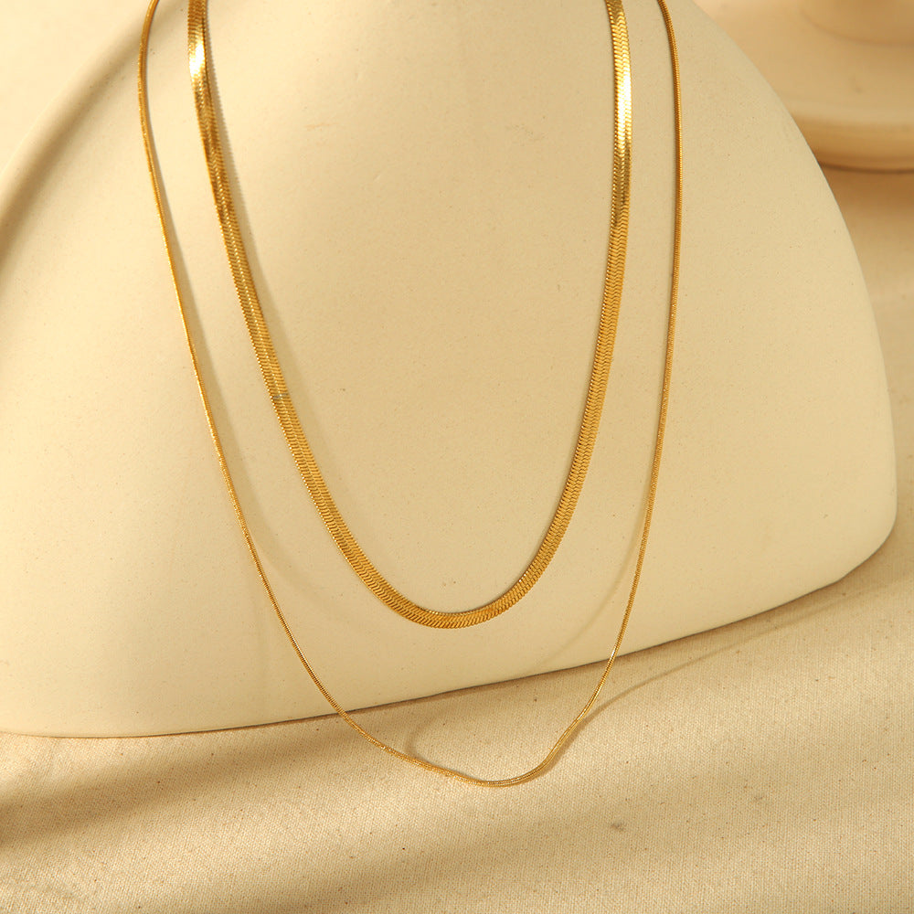 Double Chains 3mm Flat Snake Chains+1mm Round Snake Chain Necklace