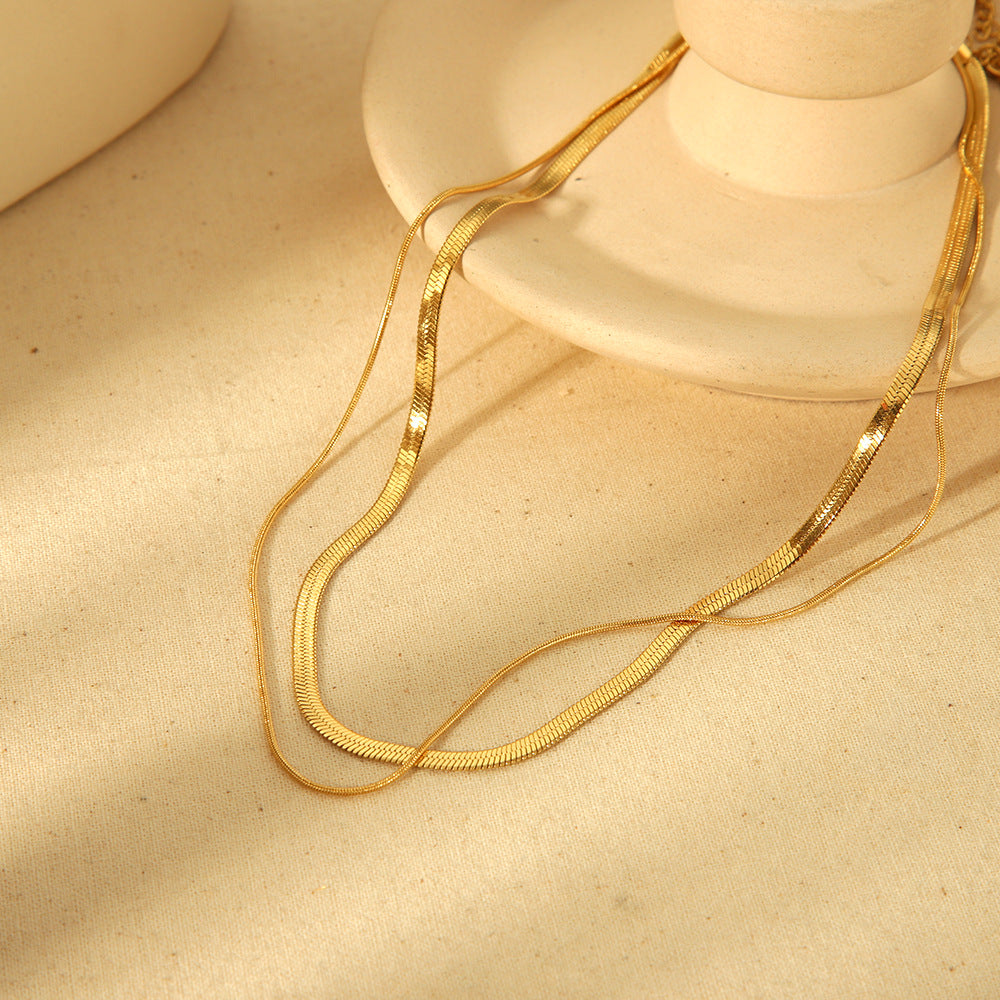 Double Chains 3mm Flat Snake Chains+1mm Round Snake Chain Necklace