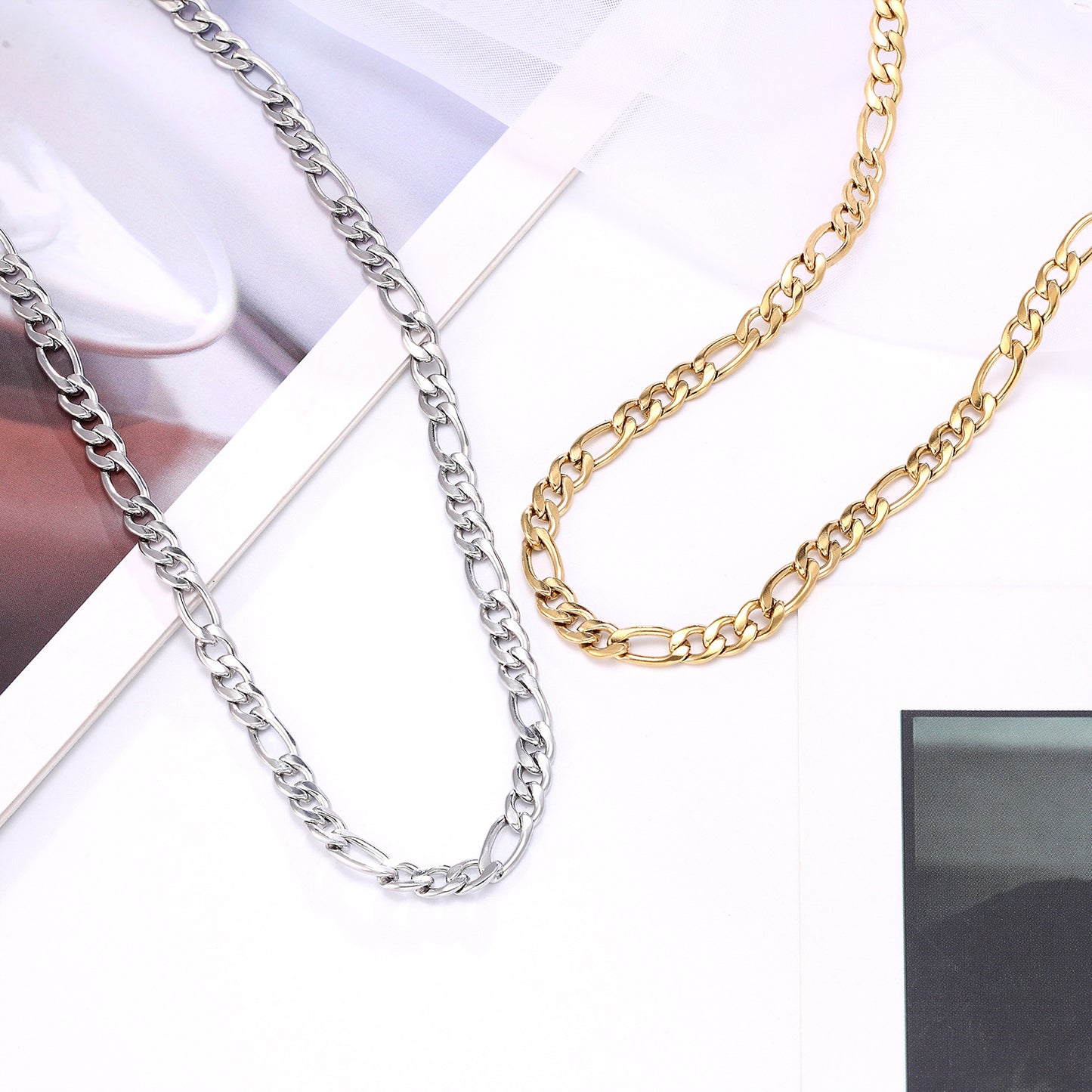 4mm Figaro Chain Necklace 14K Gold Plated/Silver Color