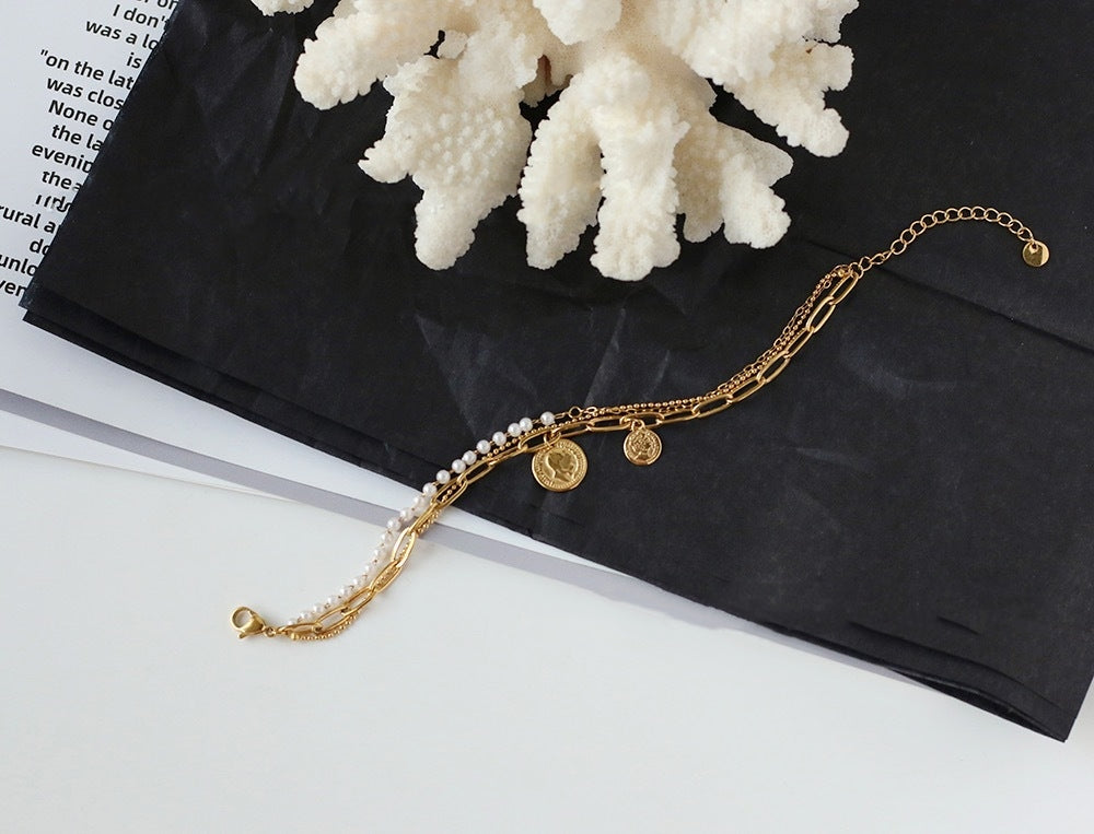 Coins Pendants Pearl Triple Bracelet