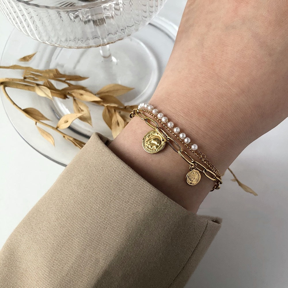 Coins Pendants Pearl Triple Bracelet