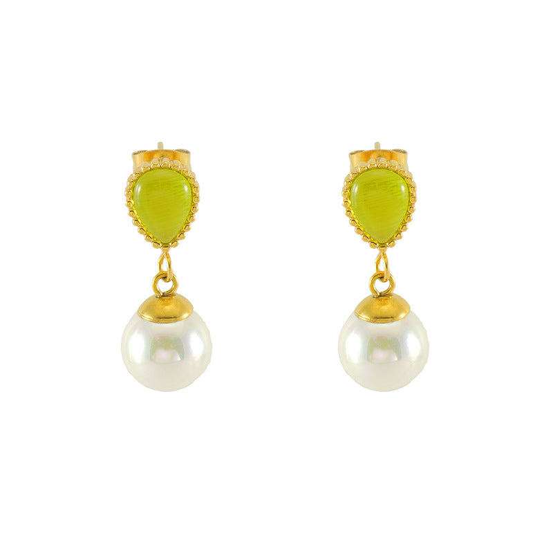 Opal Cat's eye Stone Pearl Charms Stud Earrings