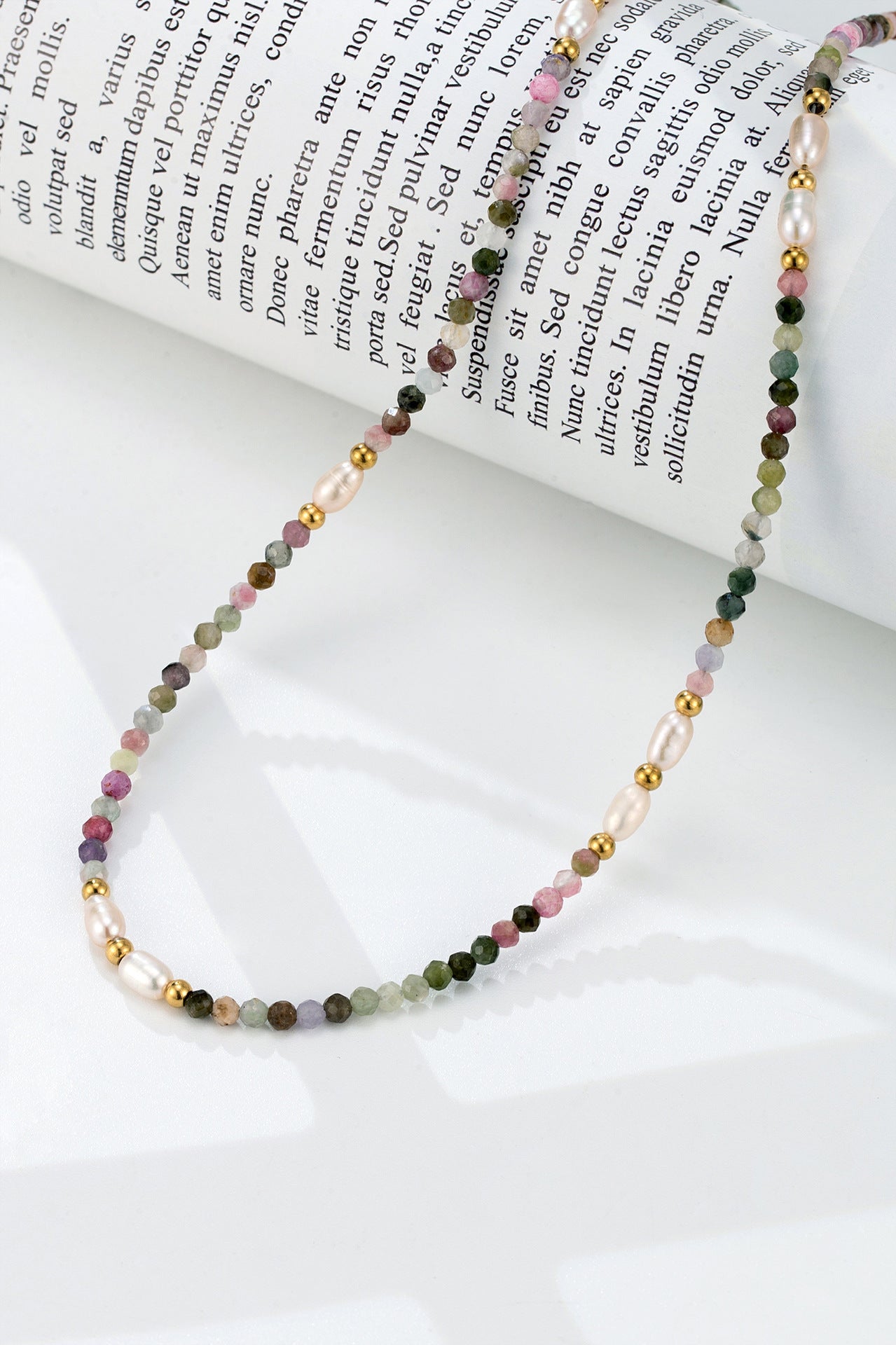 Multi-Coloured Tourmaline Natural Stone Beads Freshwater Pearl Necklace