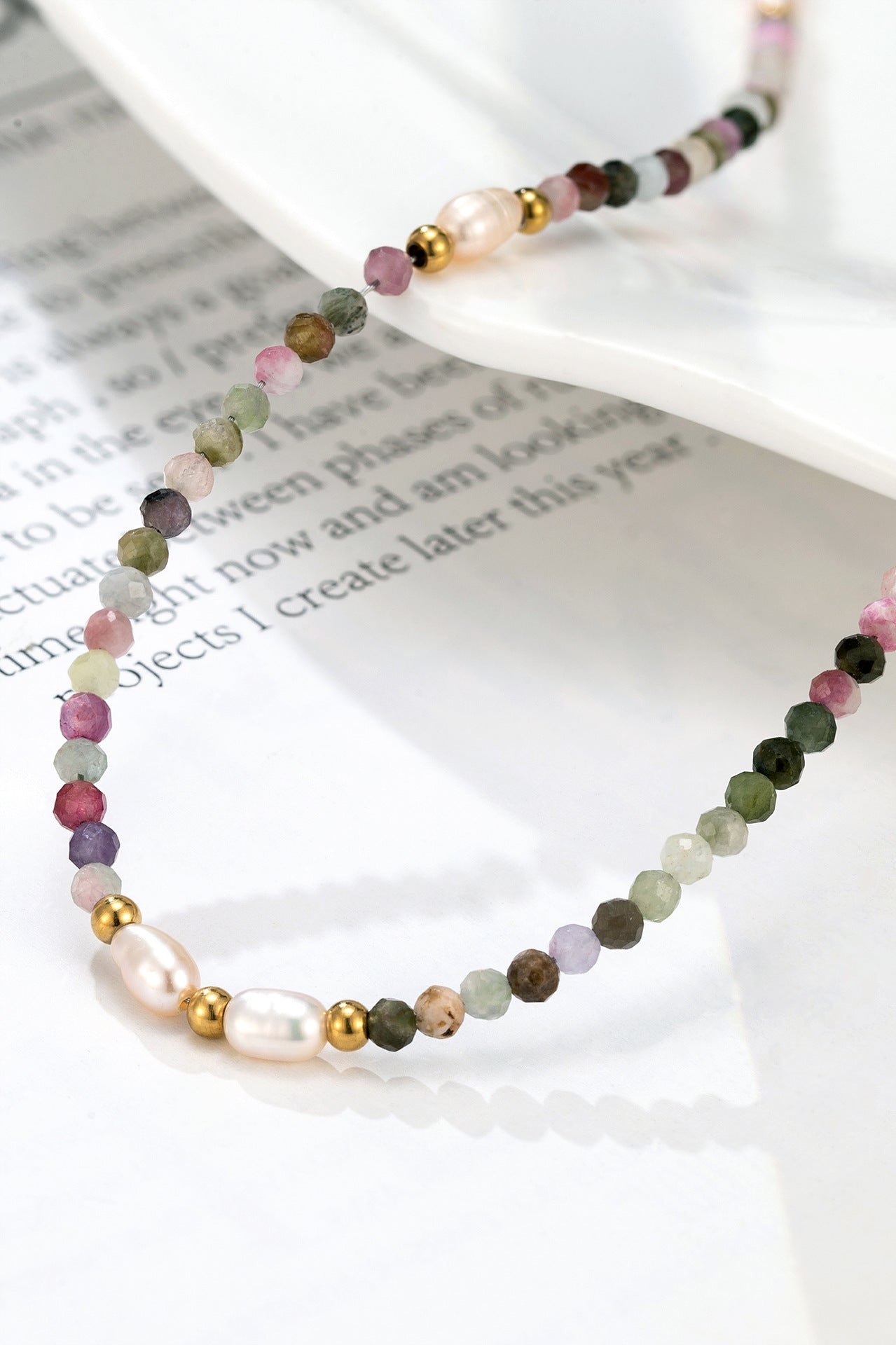 Multi-Coloured Tourmaline Natural Stone Beads Freshwater Pearl Necklace