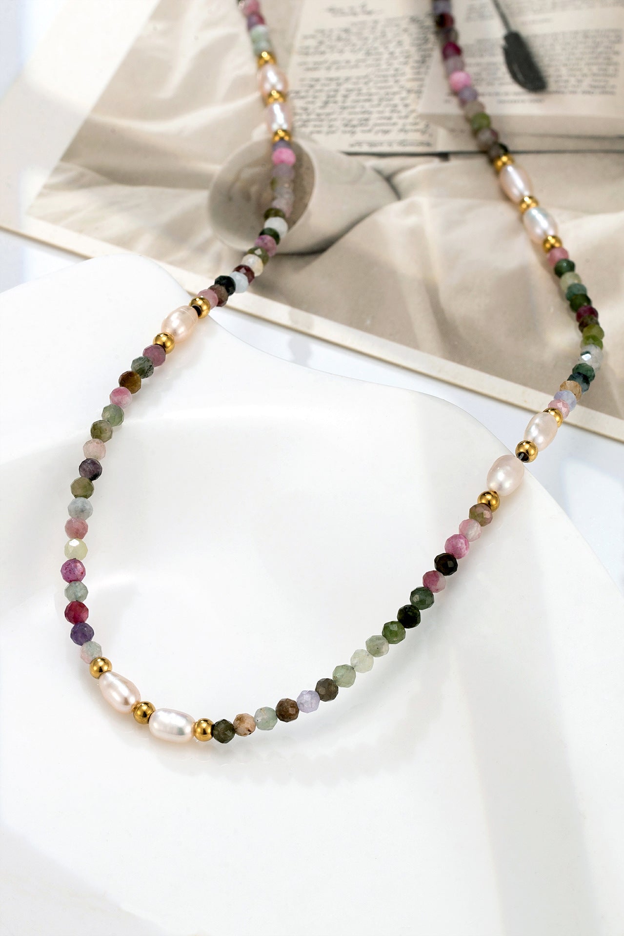 Multi-Coloured Tourmaline Natural Stone Beads Freshwater Pearl Necklace