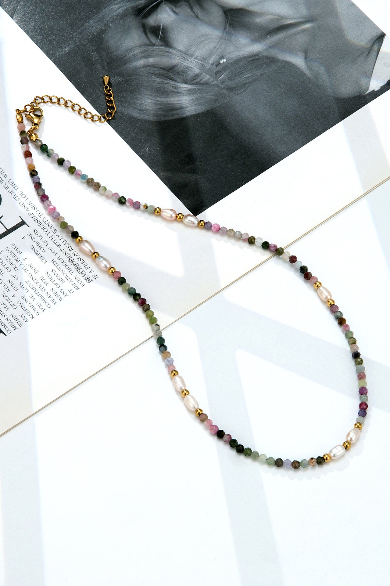 Multi-Coloured Tourmaline Natural Stone Beads Freshwater Pearl Necklace
