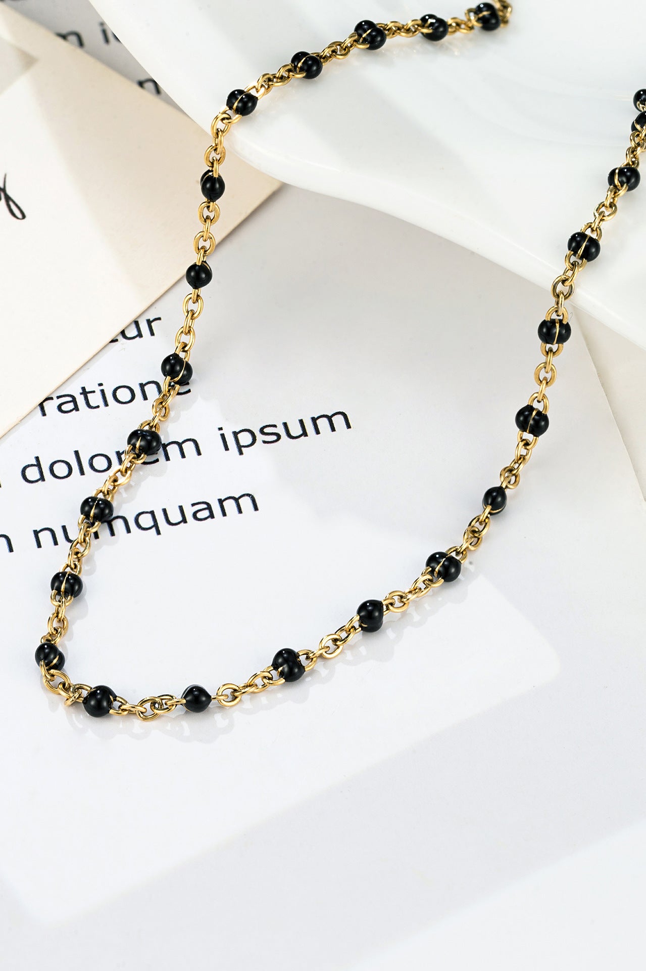 Small Black Beads Necklace 18K Gold Chain Necklace
