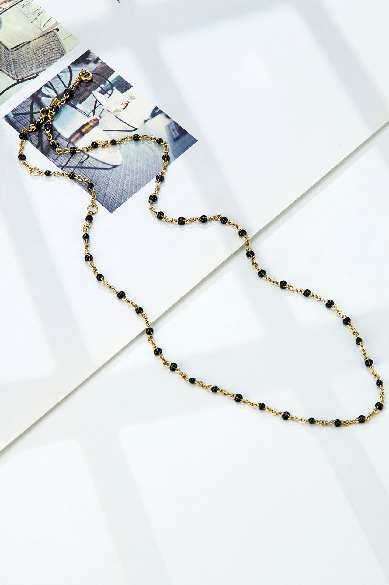 Small Black Beads Necklace 18K Gold Chain Necklace