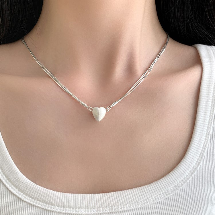 Magnetic Small Heart Necklace Triple Snake Bone Chains Necklace