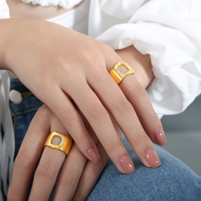 Retro Czech Diamond Hollow Open Ring Asymmetric Stainless Steel Personality Ring