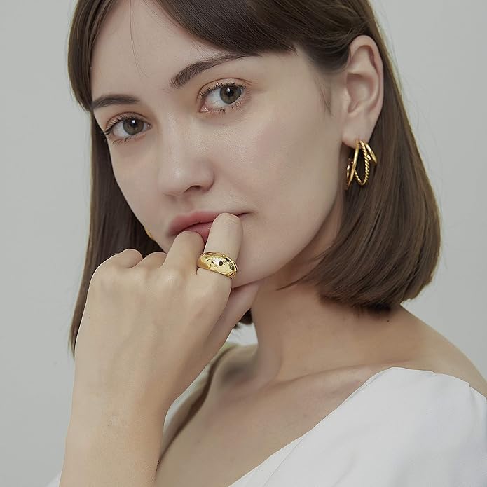 Bold Dome Ring Band Chunky Ring Steel/18K Gold Plated