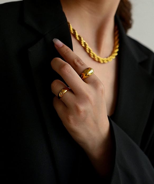 Bold Dome Ring Band Chunky Ring Steel/18K Gold Plated
