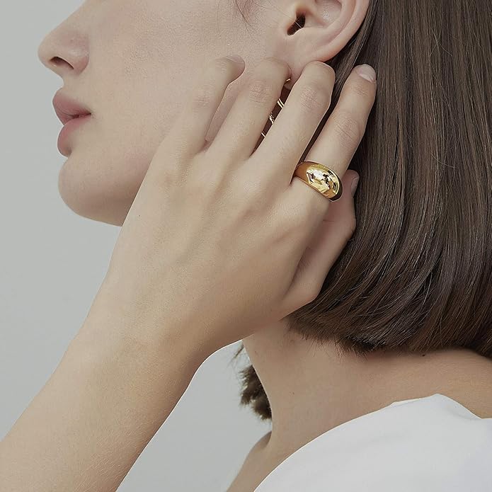 Bold Dome Ring Band Chunky Ring Steel/18K Gold Plated