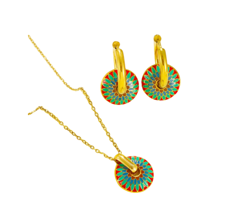 Enamel Daisy Brightly Painted Earring Necklace Set