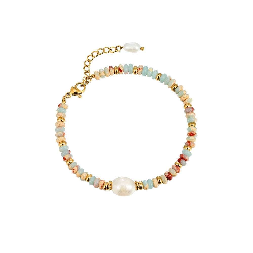 Handmade Colorful Natural Stones Set Freshwater Pearl Beaded Bracelet