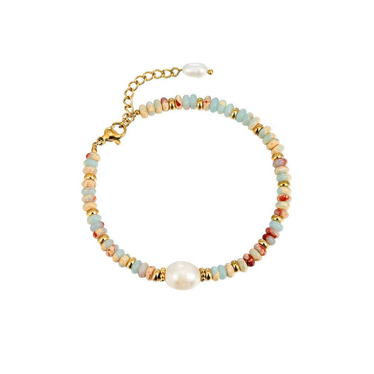 Handmade Colorful Natural Stones Set Freshwater Pearl Beaded Bracelet