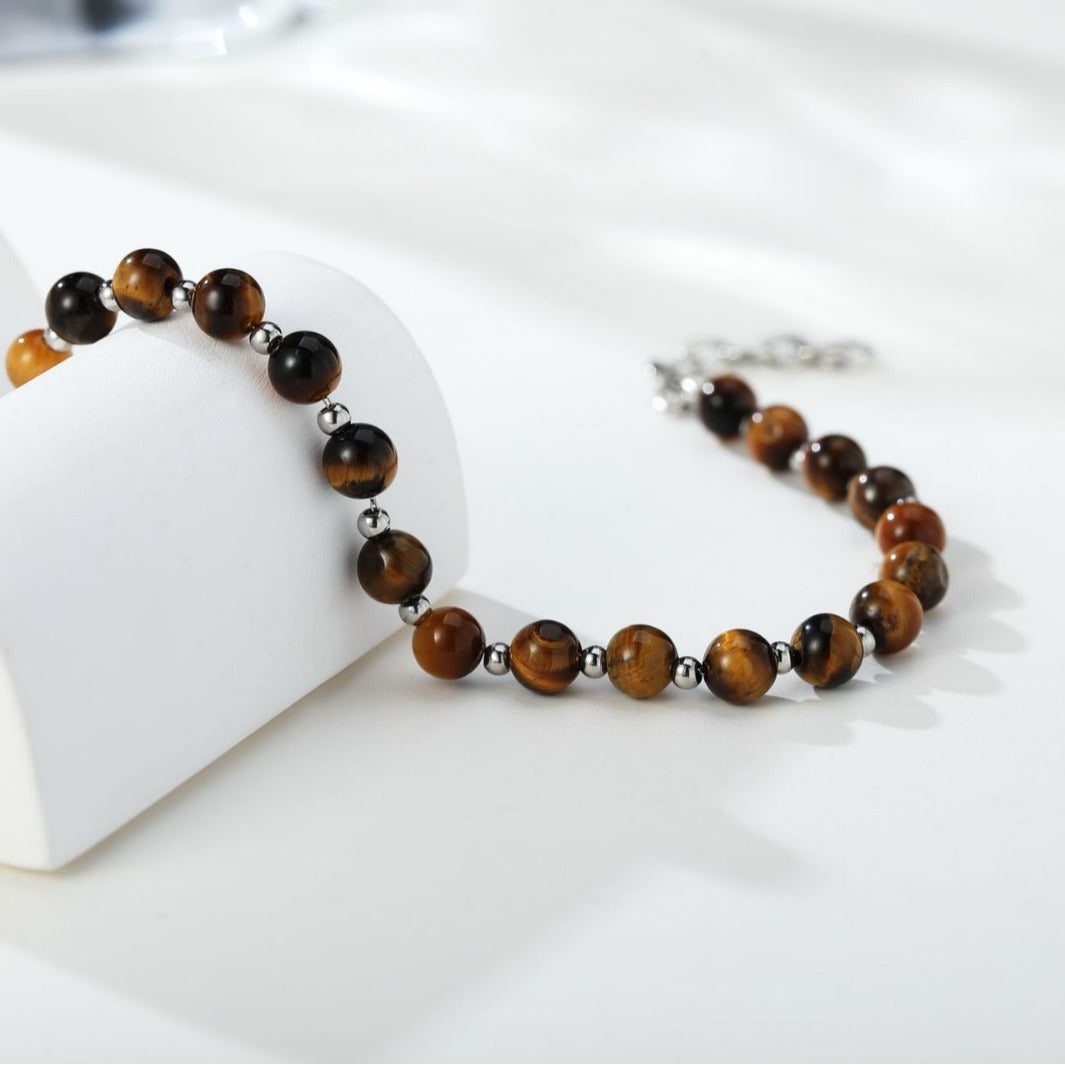 Handmade Natutal Tiger's Eye Beads Steel Bracelet