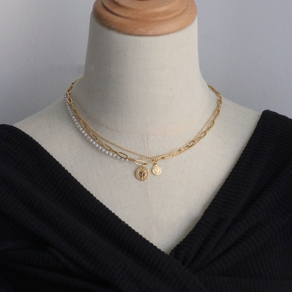 Coins Pendants Pearl Triple Necklace