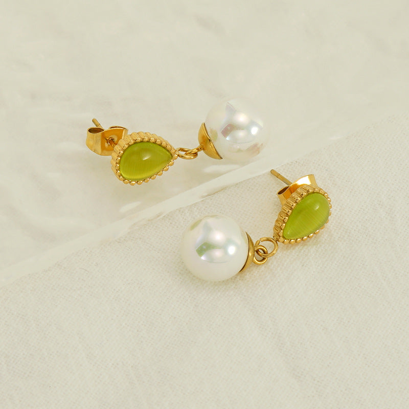 Opal Cat's eye Stone  Pearl Charms Stud Earrings