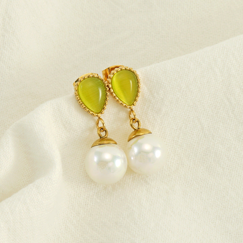 Opal Cat's eye Stone  Pearl Charms Stud Earrings