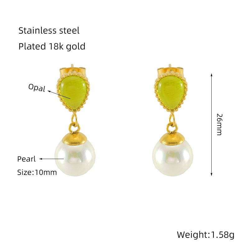 Opal Cat's eye Stone  Pearl Charms Stud Earrings