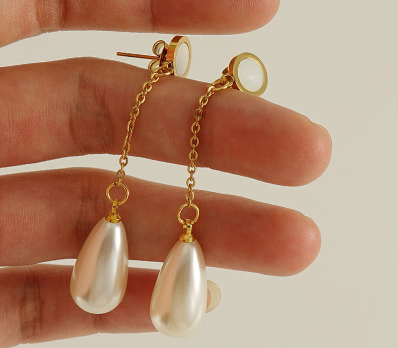 Long Pearl Pendant Chain Earrings