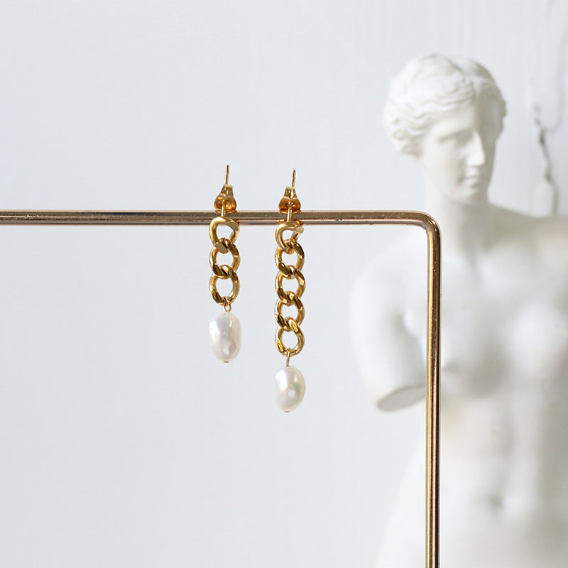 Freshwater Pearl Irregular Length Link Chain Earrings