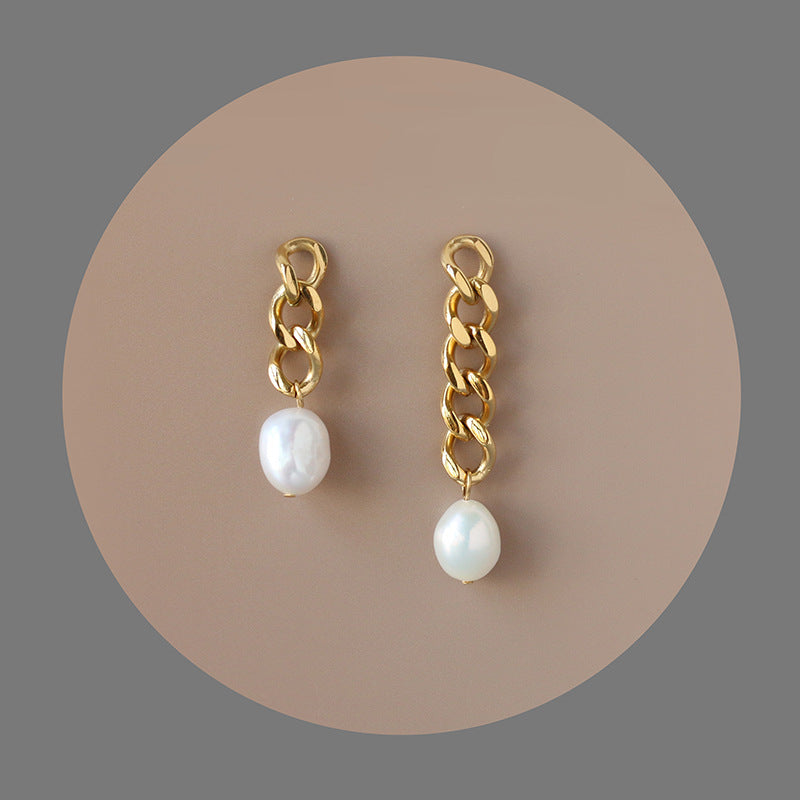 Freshwater Pearl Irregular Length Link Chain Earrings