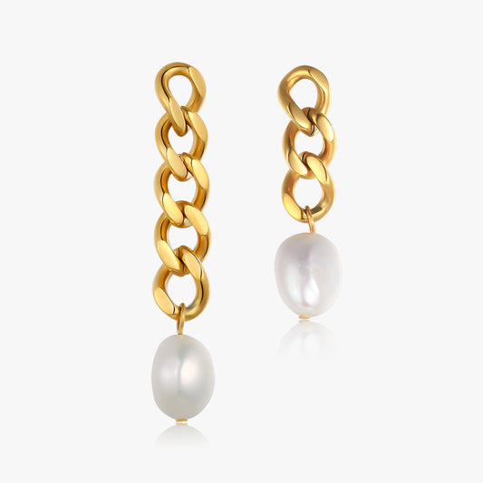 Freshwater Pearl Irregular Length Link Chain Earrings