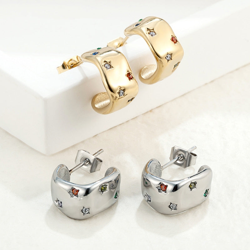 Multi-Color Stars Zircons-Inlays Huggie Earrings