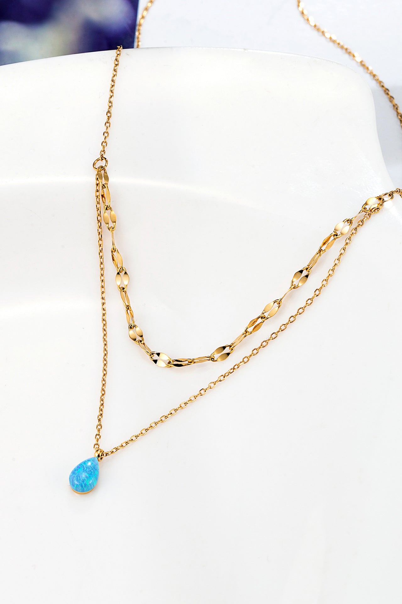 Sparkling Necklace Manmade Opal Blue Teardrop Double Layer Gold Necklace