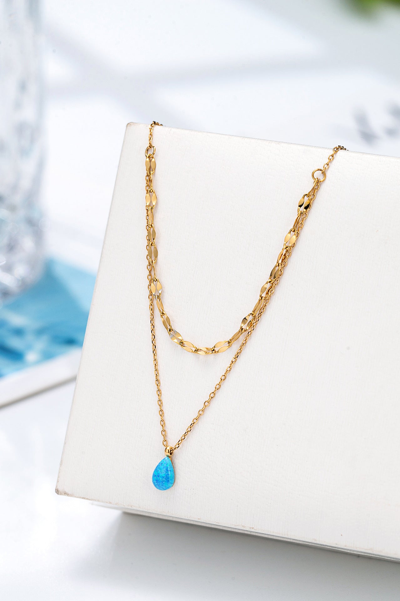 Sparkling Necklace Manmade Opal Blue Teardrop Double Layer Gold Necklace