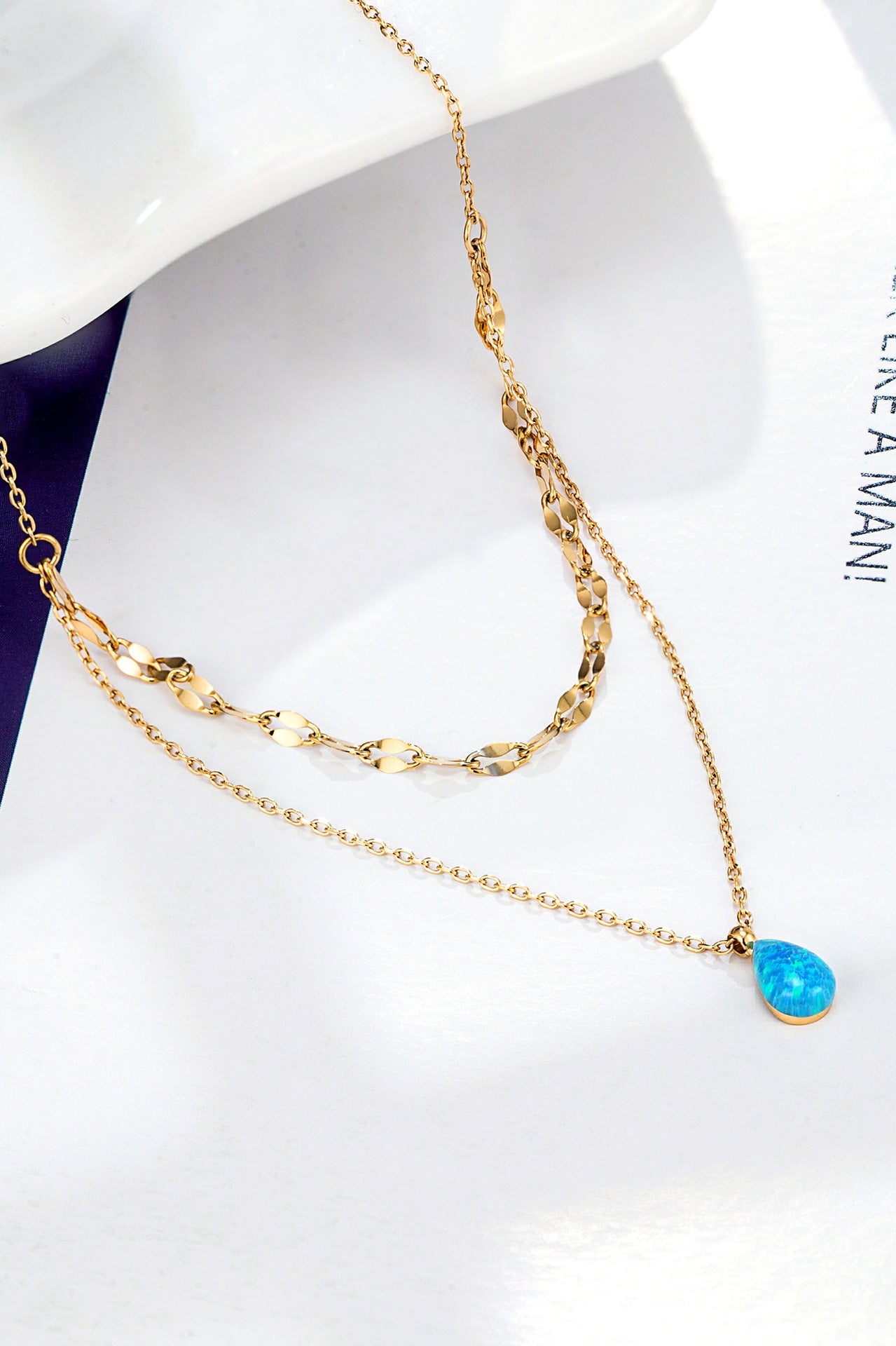 Sparkling Necklace Manmade Opal Blue Teardrop Double Layer Gold Necklace