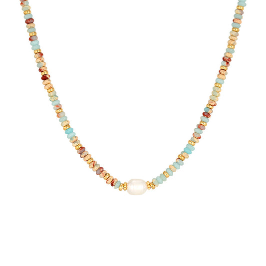 Handmade Colorful Natural Stones Freshwater Pearl Beaded Necklace