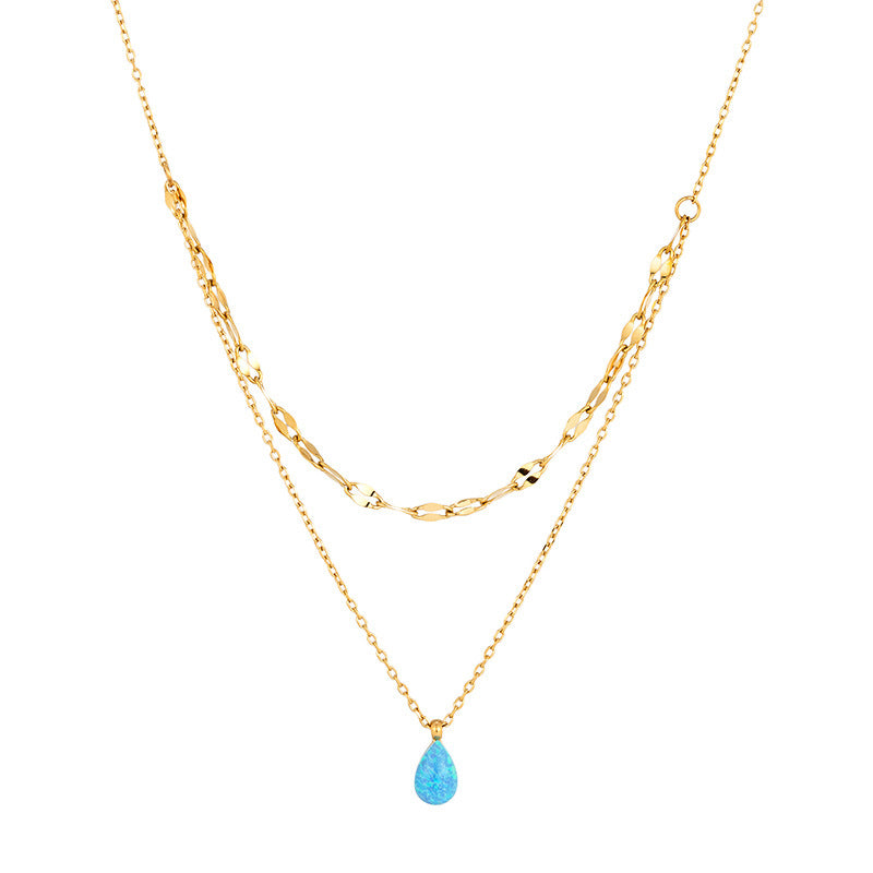 Sparkling Necklace Manmade Opal Blue Teardrop Double Layer Gold Necklace