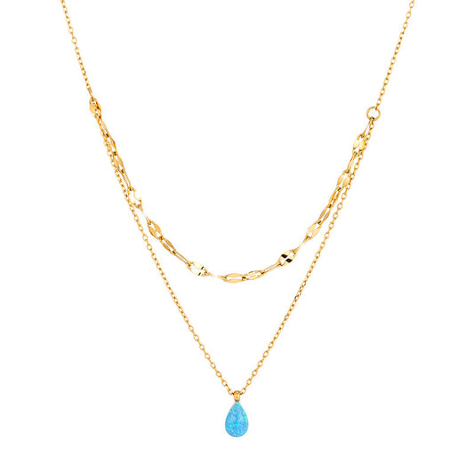 Sparkling Necklace Manmade Opal Blue Teardrop Double Layer Gold Necklace