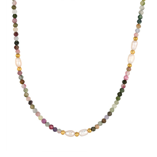 Multi-Coloured Tourmaline Natural Stone Beads Freshwater Pearl Necklace