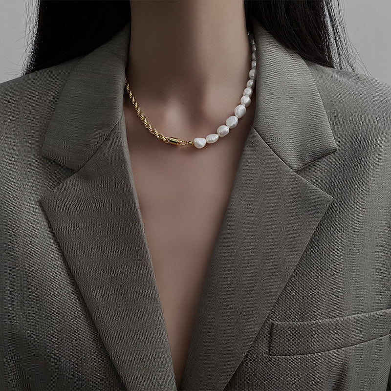 Freshwater Baroque Pearl Spliced with Gold Twist Chain Necklace