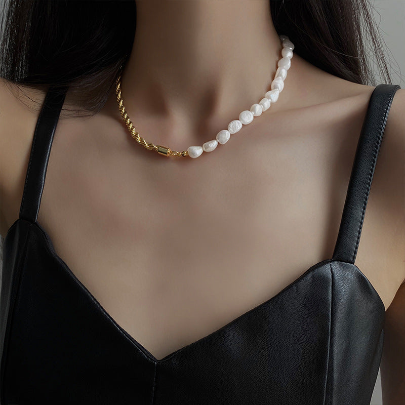 Freshwater Baroque Pearl Spliced with Gold Twist Chain Necklace