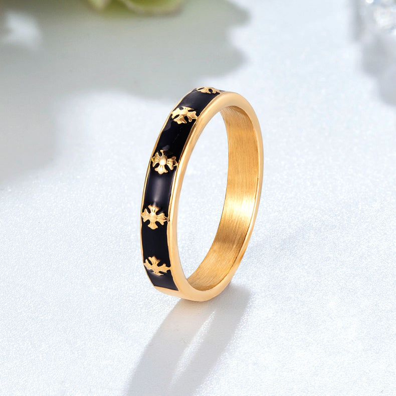 14K PVD Gold plating Enamel Band Women's Ring Black White Flower Ring