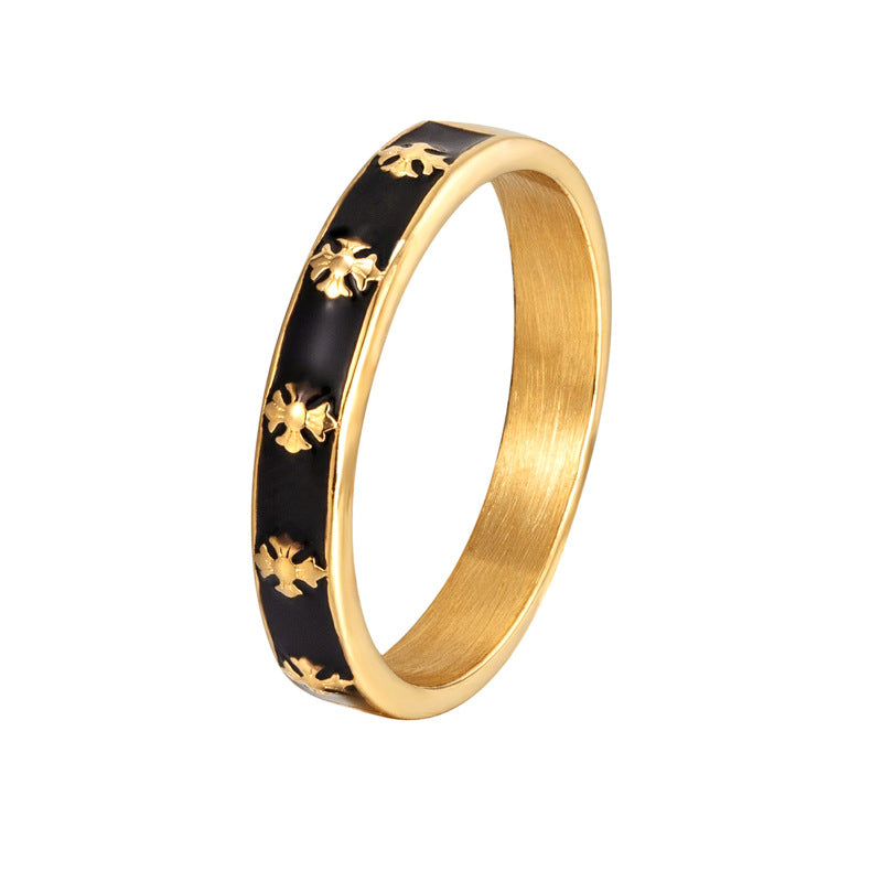 14K PVD Gold plating Enamel Band Women's Ring Black White Flower Ring