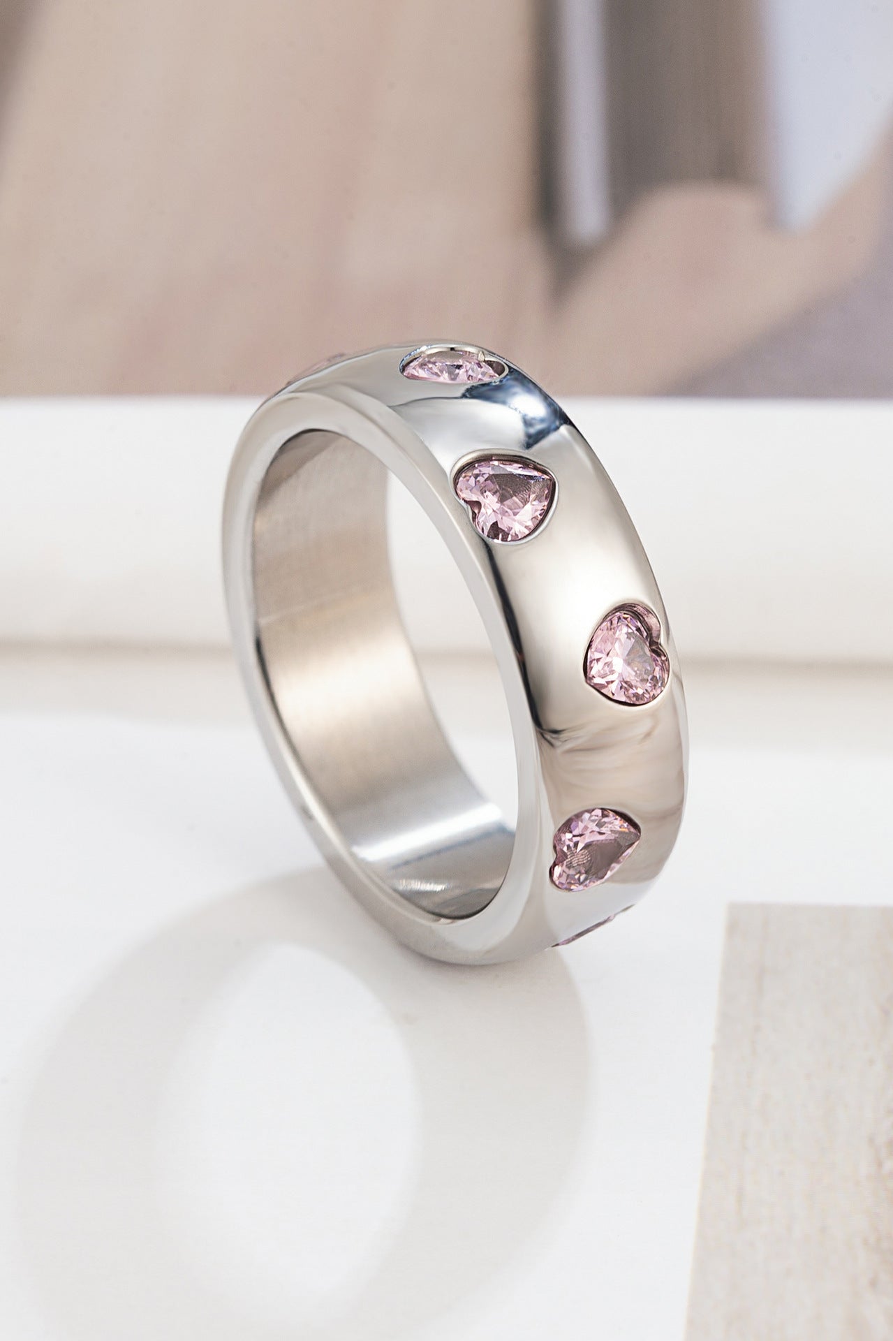 Stainless Steel Pink Heart Diamond Ring