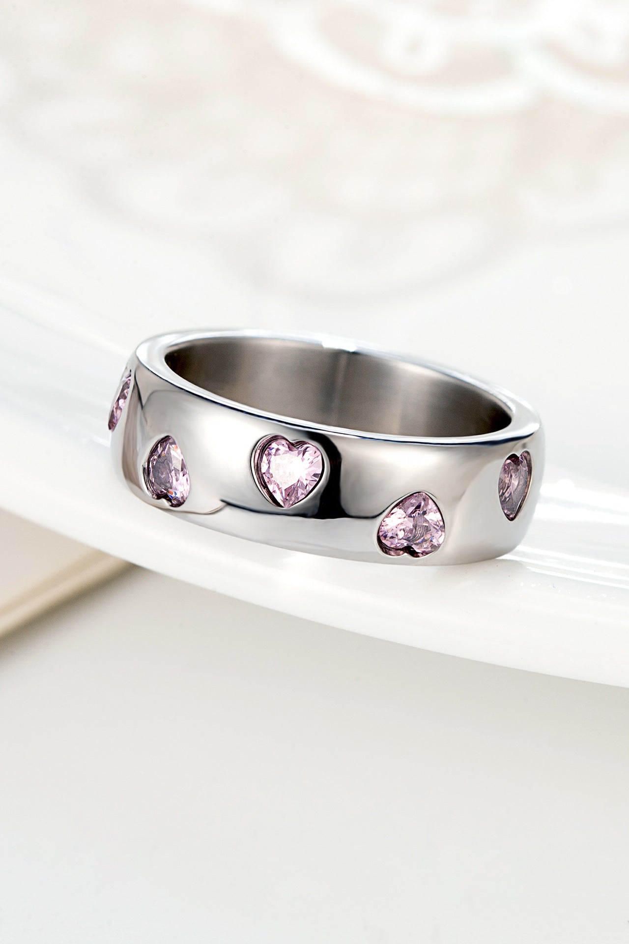 Stainless Steel Pink Heart Diamond Ring