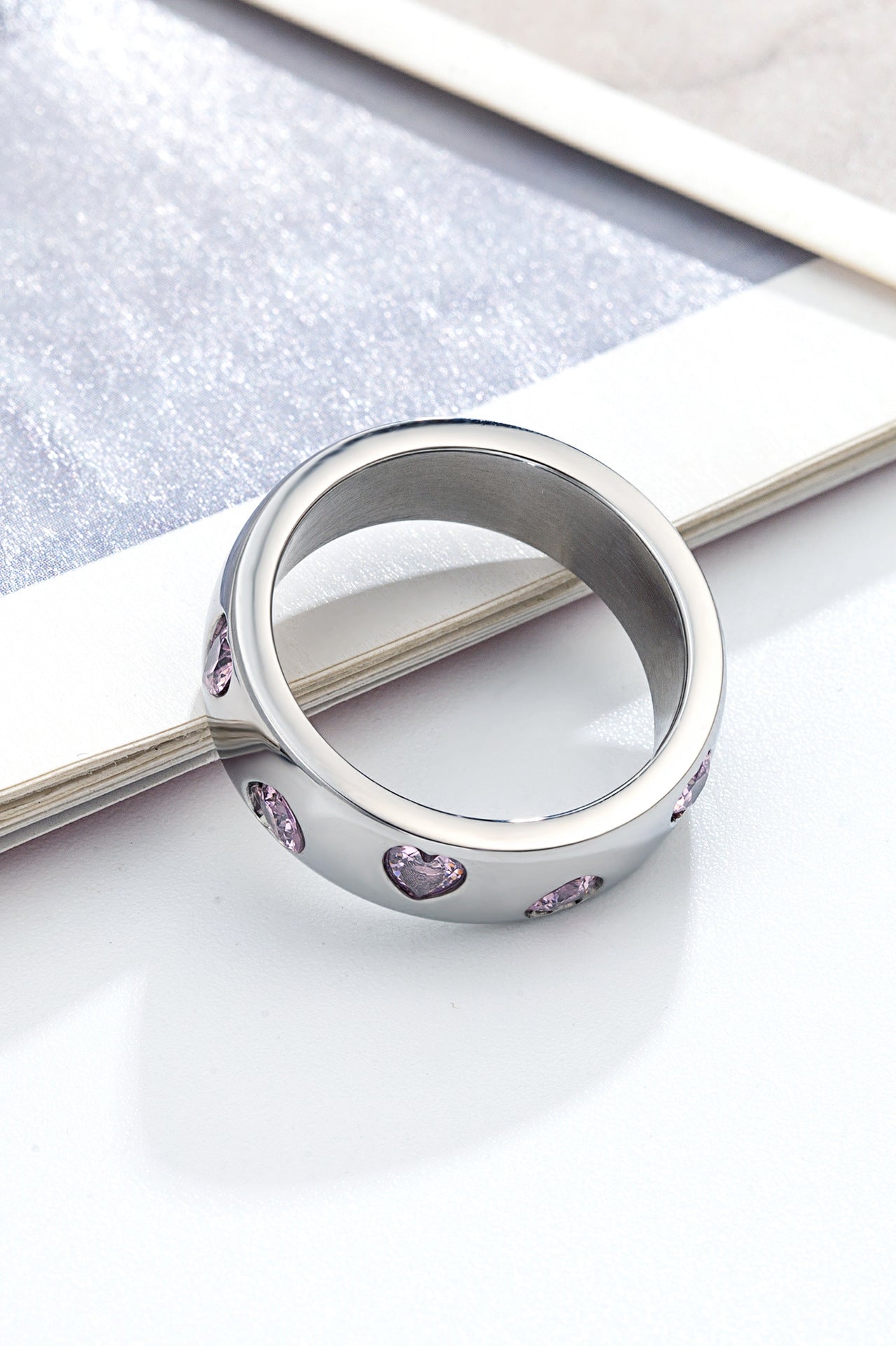 Stainless Steel Pink Heart Diamond Ring