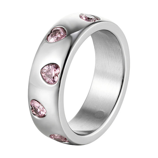 Stainless Steel Pink Heart Diamond Ring