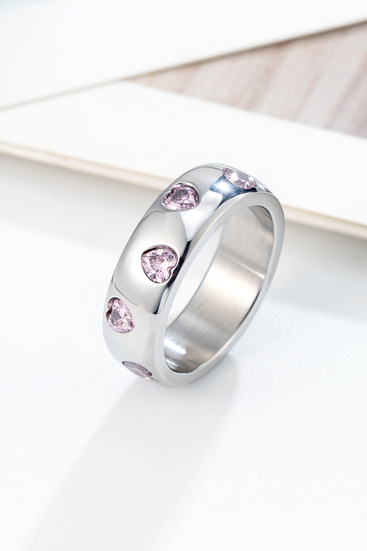 Stainless Steel Pink Heart Diamond Ring