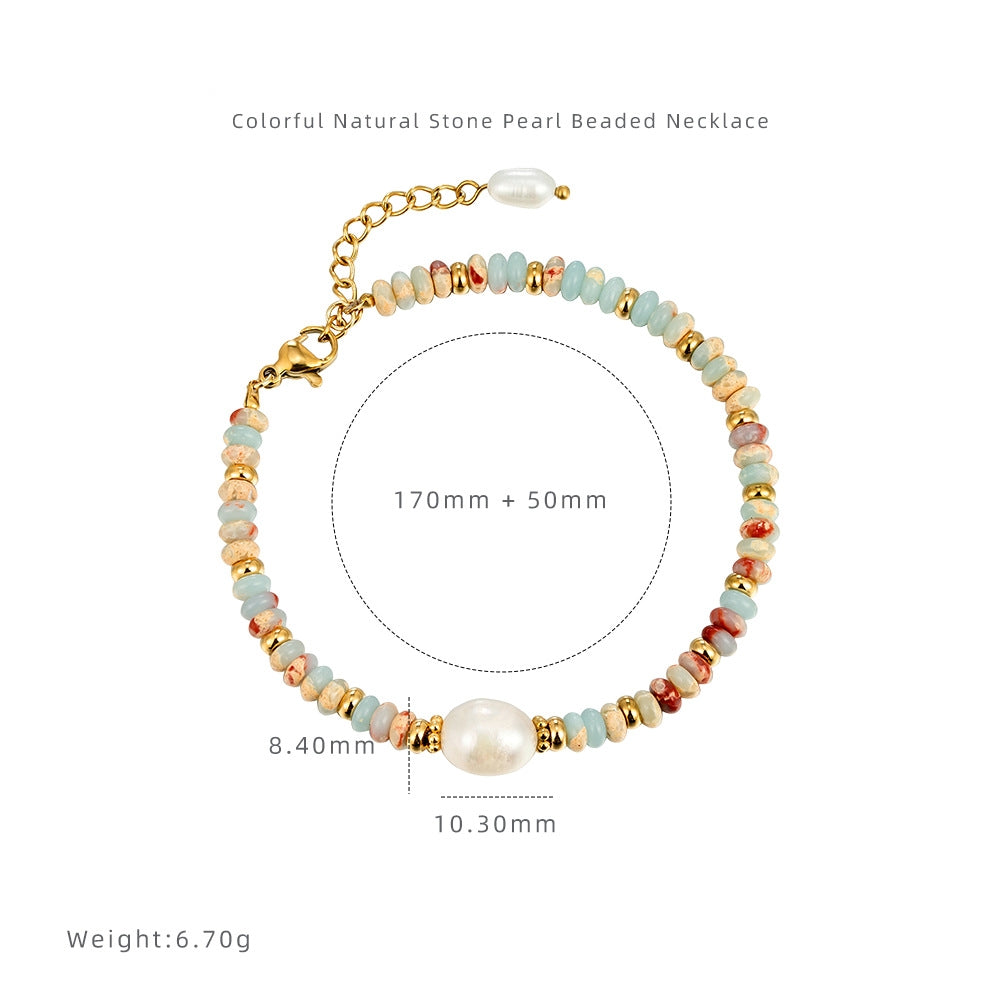 Handmade Colorful Natural Stones Set Freshwater Pearl Beaded Bracelet