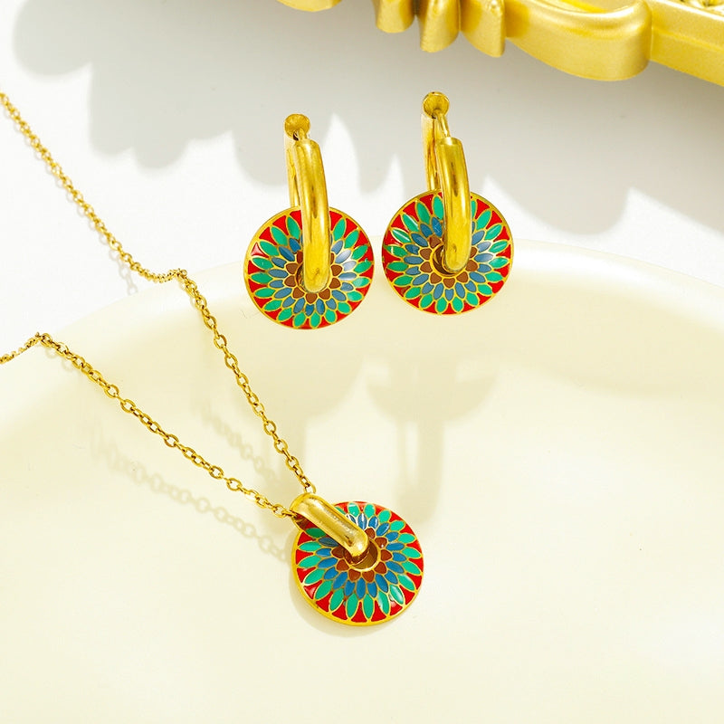 Enamel Daisy Brightly Painted Earring Necklace Set